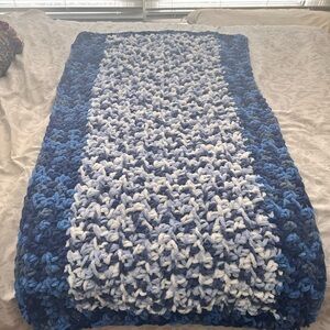 Chunky Hand Crocheted Blue and White Baby Blanket